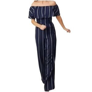 ALTAR'D State Cara Navy Striped Off Shoulder Ruffle Linen Blend Jump Suit, Small